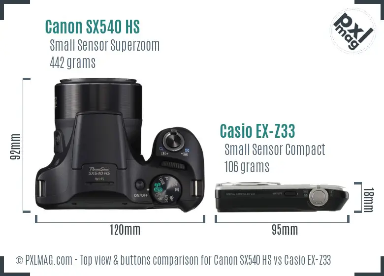 Canon SX540 HS vs Casio EX-Z33 top view buttons comparison