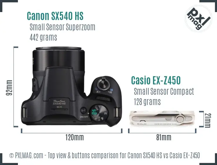 Canon SX540 HS vs Casio EX-Z450 top view buttons comparison