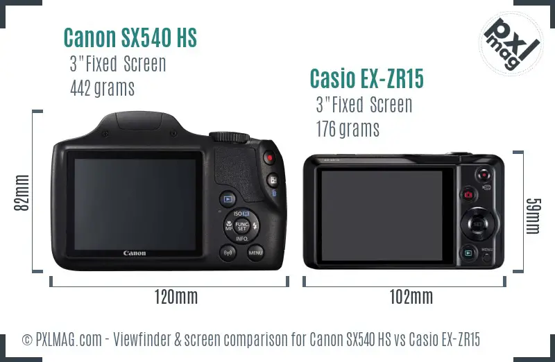Canon SX540 HS vs Casio EX-ZR15 Screen and Viewfinder comparison