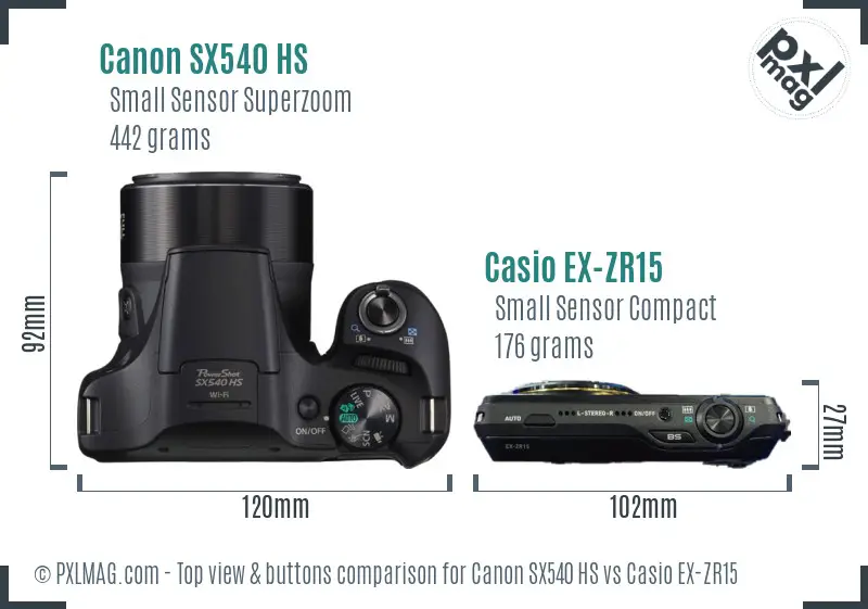 Canon SX540 HS vs Casio EX-ZR15 top view buttons comparison