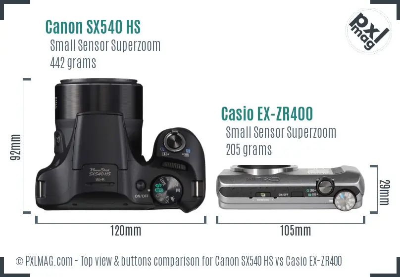 Canon SX540 HS vs Casio EX-ZR400 top view buttons comparison