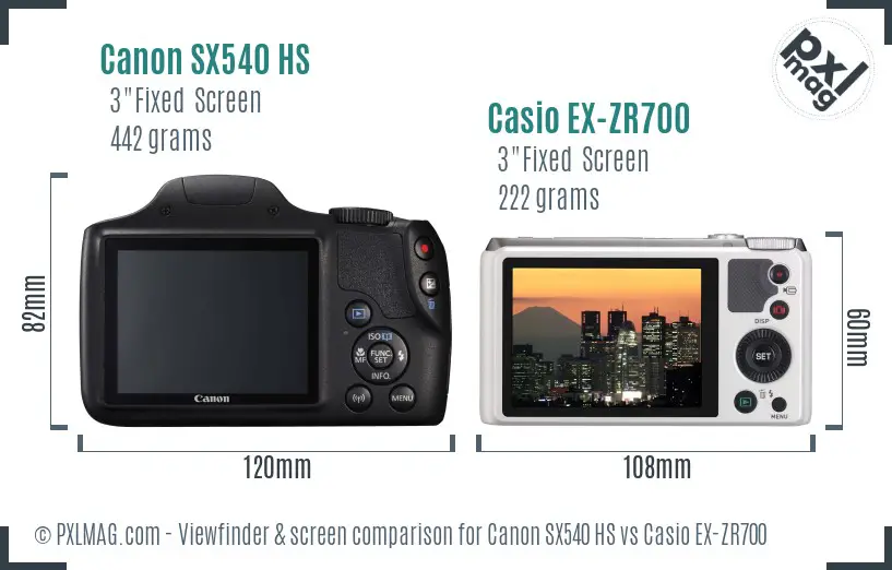 Canon SX540 HS vs Casio EX-ZR700 Screen and Viewfinder comparison