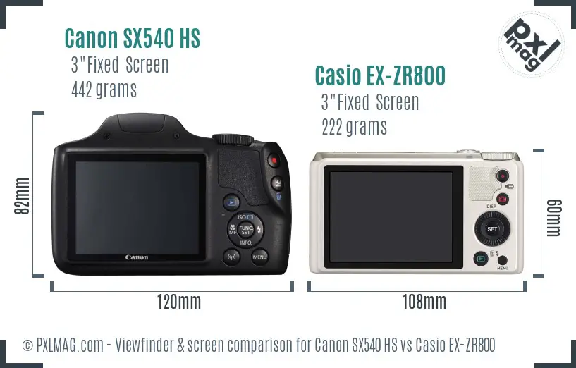 Canon SX540 HS vs Casio EX-ZR800 Screen and Viewfinder comparison
