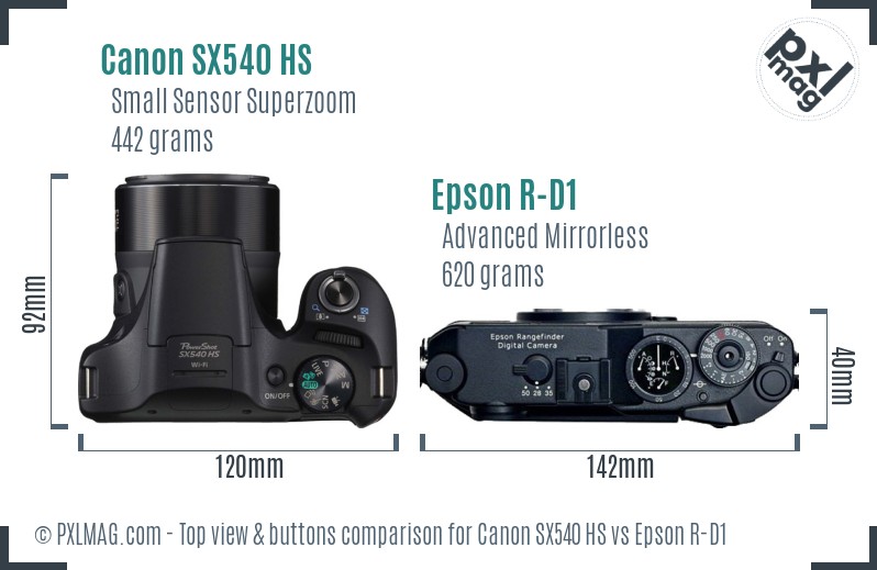 Canon SX540 HS vs Epson R-D1 top view buttons comparison