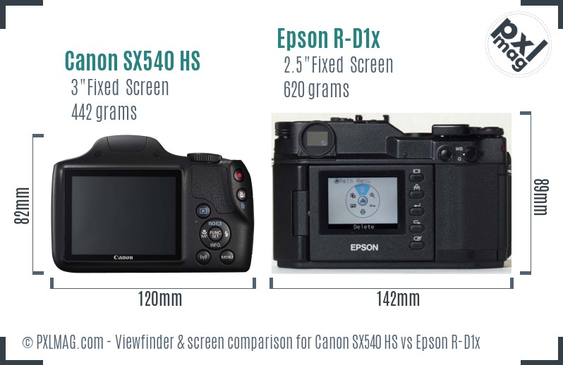 Canon SX540 HS vs Epson R-D1x Screen and Viewfinder comparison