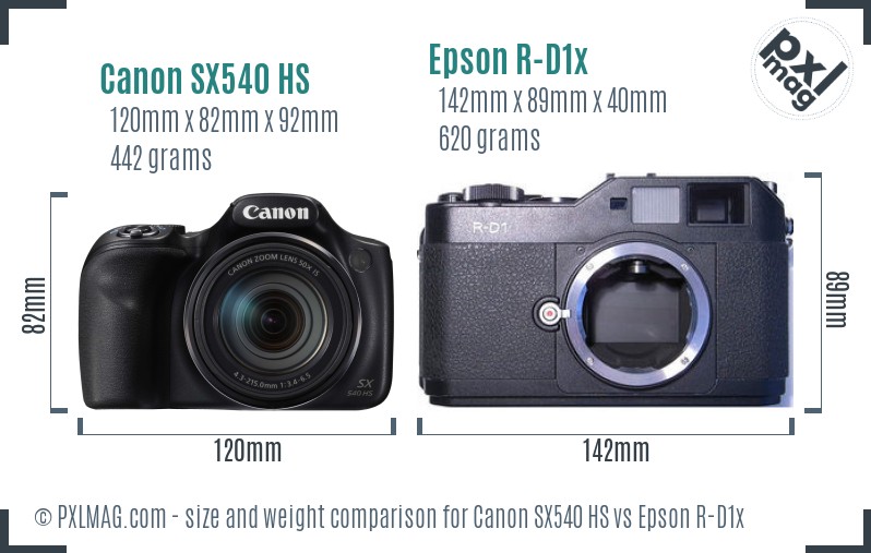 Canon SX540 HS vs Epson R-D1x size comparison