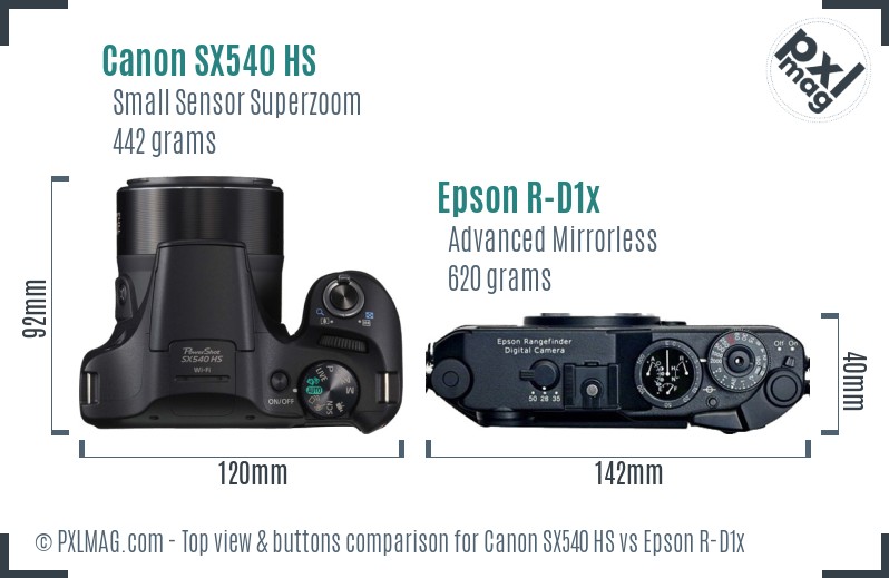 Canon SX540 HS vs Epson R-D1x top view buttons comparison