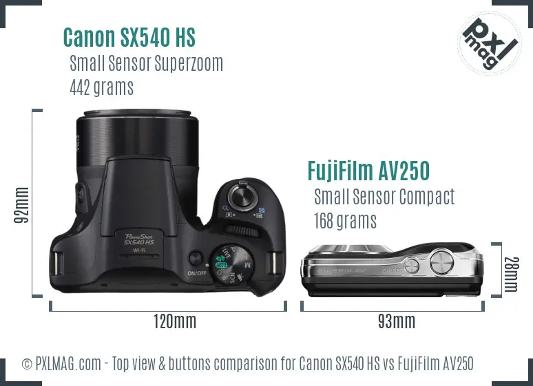 Canon SX540 HS vs FujiFilm AV250 top view buttons comparison Canon SX540 HS vs FujiFilm AV250 top view buttons comparison