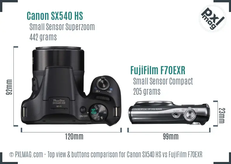 Canon SX540 HS vs FujiFilm F70EXR top view buttons comparison