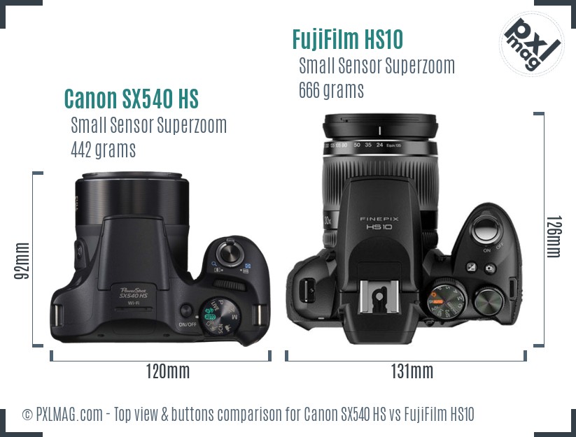 Canon SX540 HS vs FujiFilm HS10 top view buttons comparison