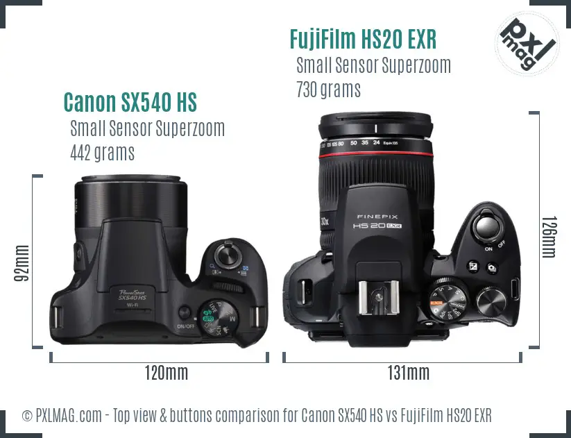 Canon SX540 HS vs FujiFilm HS20 EXR top view buttons comparison Canon SX540 HS vs FujiFilm HS20 EXR top view buttons comparison