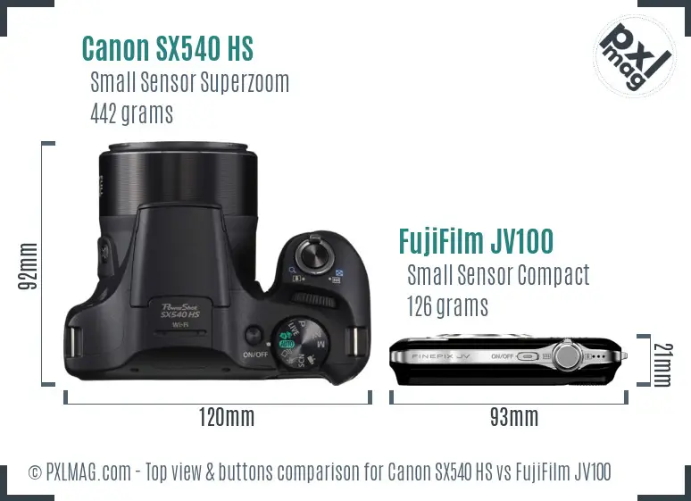 Canon SX540 HS vs FujiFilm JV100 top view buttons comparison Canon SX540 HS vs FujiFilm JV100 top view buttons comparison
