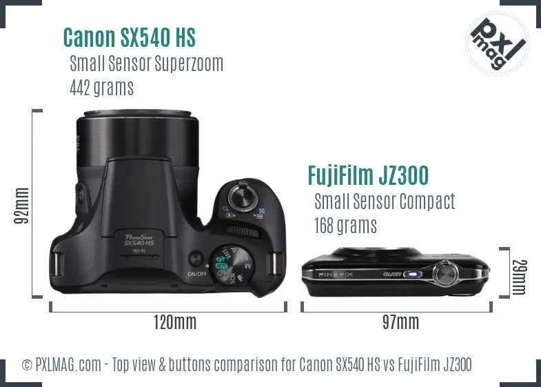 Canon SX540 HS vs FujiFilm JZ300 top view buttons comparison