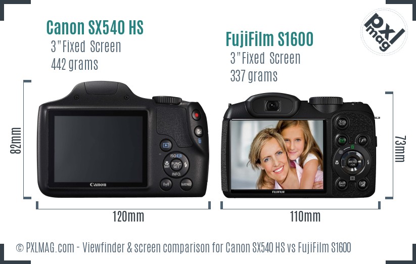 Canon SX540 HS vs FujiFilm S1600 Screen and Viewfinder comparison