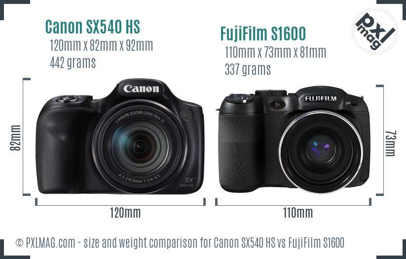 Canon SX540 HS vs FujiFilm S1600 size comparison