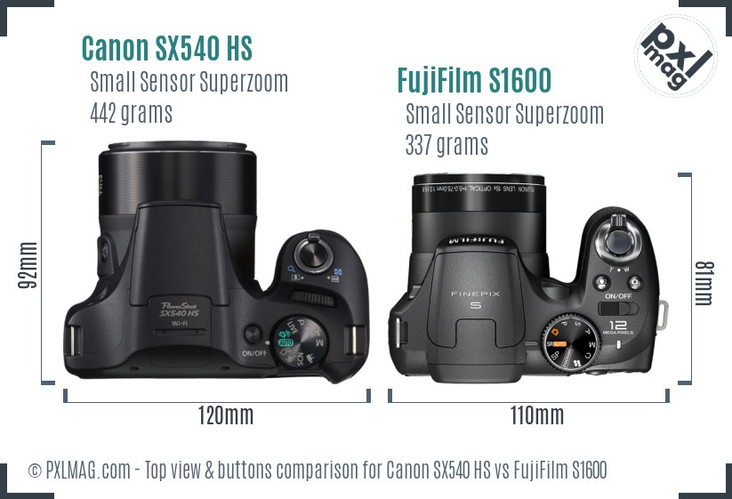 Canon SX540 HS vs FujiFilm S1600 top view buttons comparison