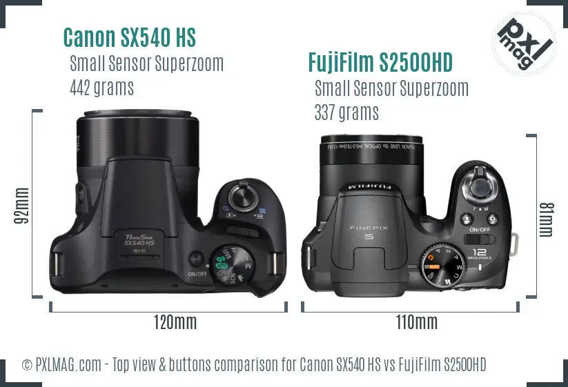 Canon SX540 HS vs FujiFilm S2500HD top view buttons comparison