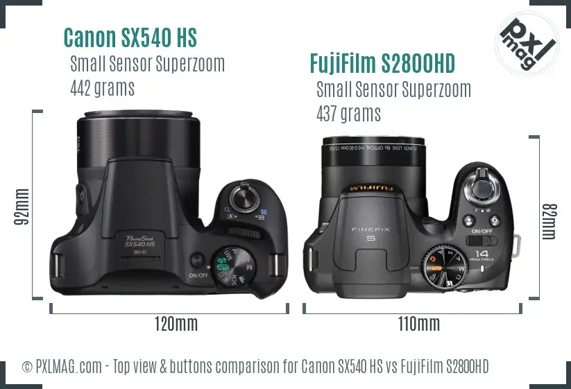 Canon SX540 HS vs FujiFilm S2800HD top view buttons comparison