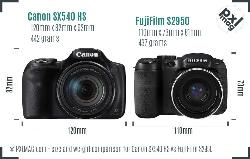 Canon SX540 HS vs FujiFilm S2950 size comparison