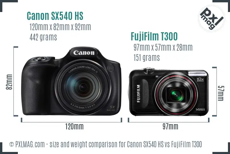 Canon SX540 HS vs FujiFilm T300 size comparison