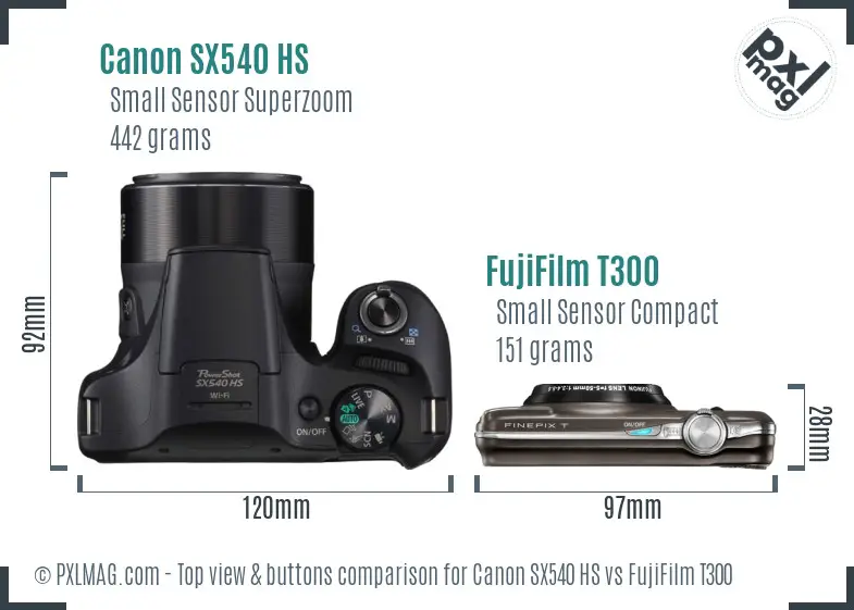 Canon SX540 HS vs FujiFilm T300 top view buttons comparison