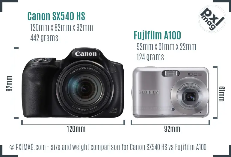 Canon SX540 HS vs Fujifilm A100 size comparison