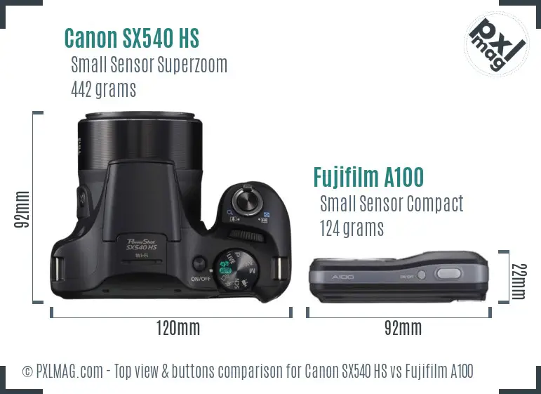 Canon SX540 HS vs Fujifilm A100 top view buttons comparison