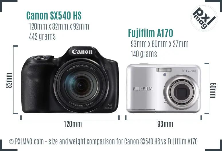 Canon SX540 HS vs Fujifilm A170 size comparison