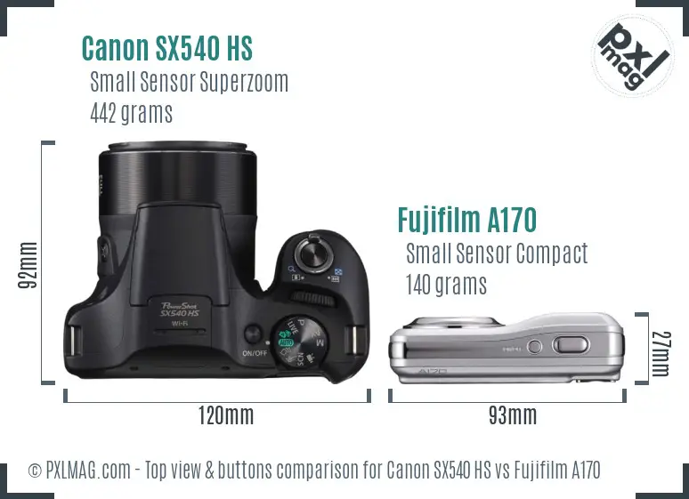 Canon SX540 HS vs Fujifilm A170 top view buttons comparison