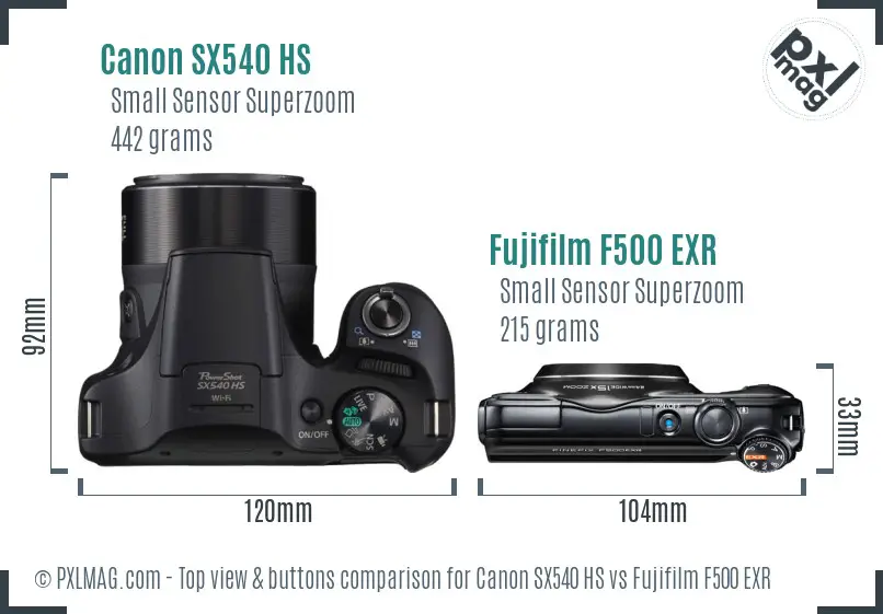 Canon SX540 HS vs Fujifilm F500 EXR top view buttons comparison Canon SX540 HS vs Fujifilm F500 EXR top view buttons comparison