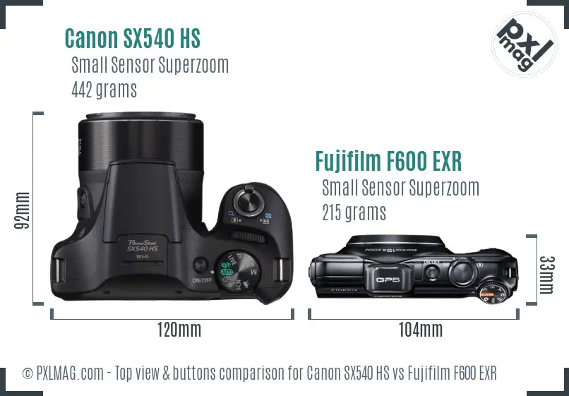Canon SX540 HS vs Fujifilm F600 EXR top view buttons comparison