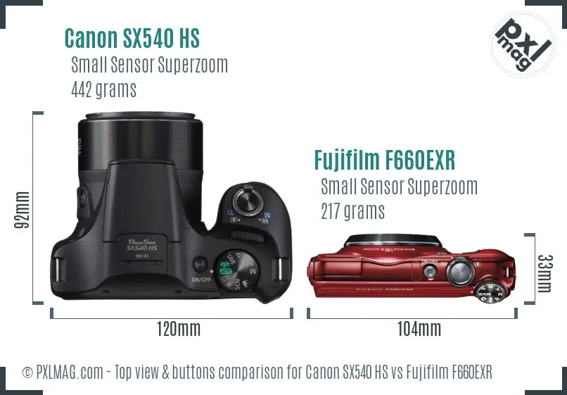 Canon SX540 HS vs Fujifilm F660EXR top view buttons comparison