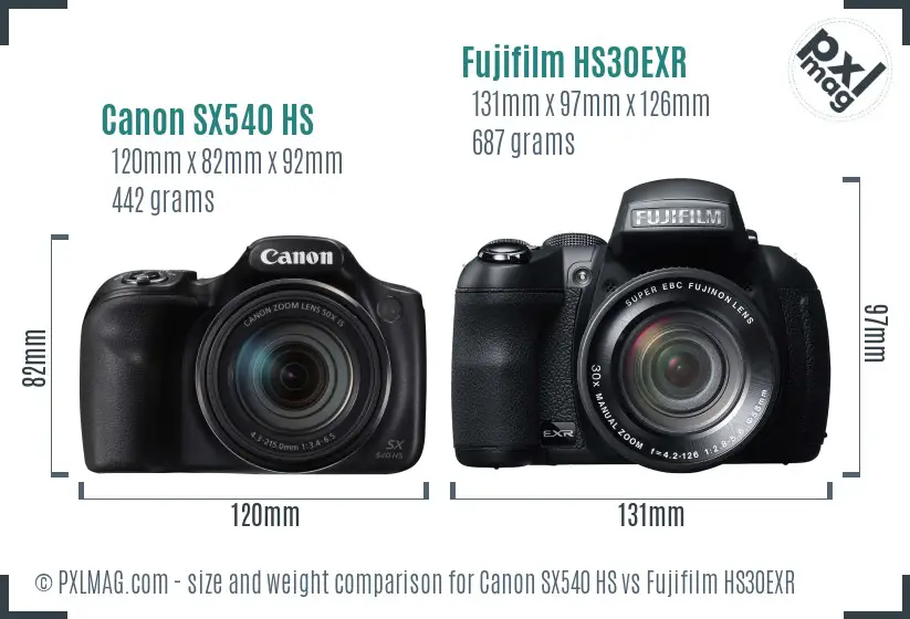 Canon SX540 HS vs Fujifilm HS30EXR size comparison