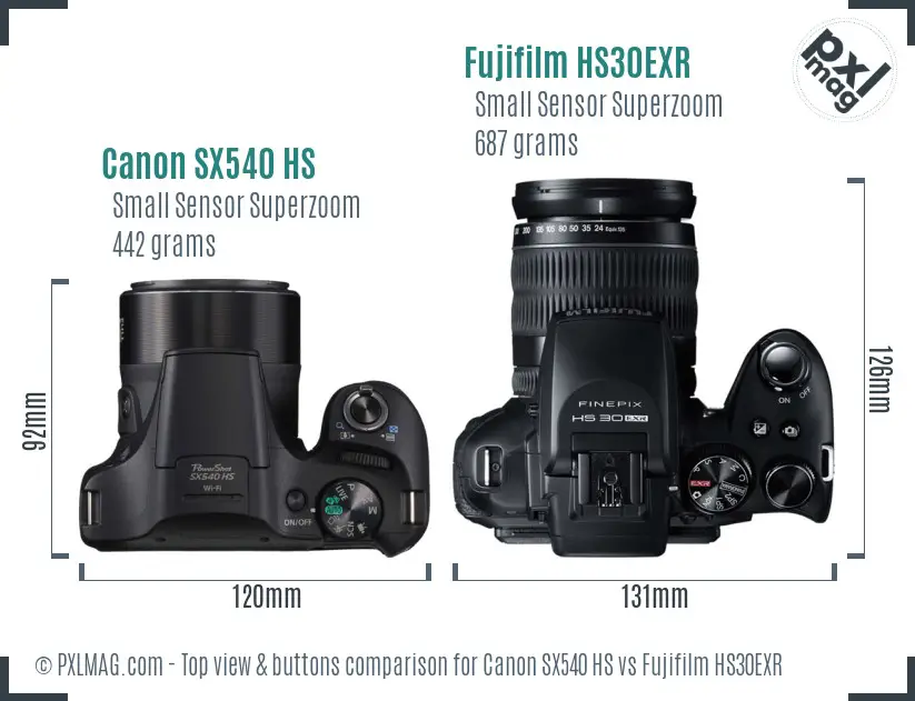 Canon SX540 HS vs Fujifilm HS30EXR top view buttons comparison