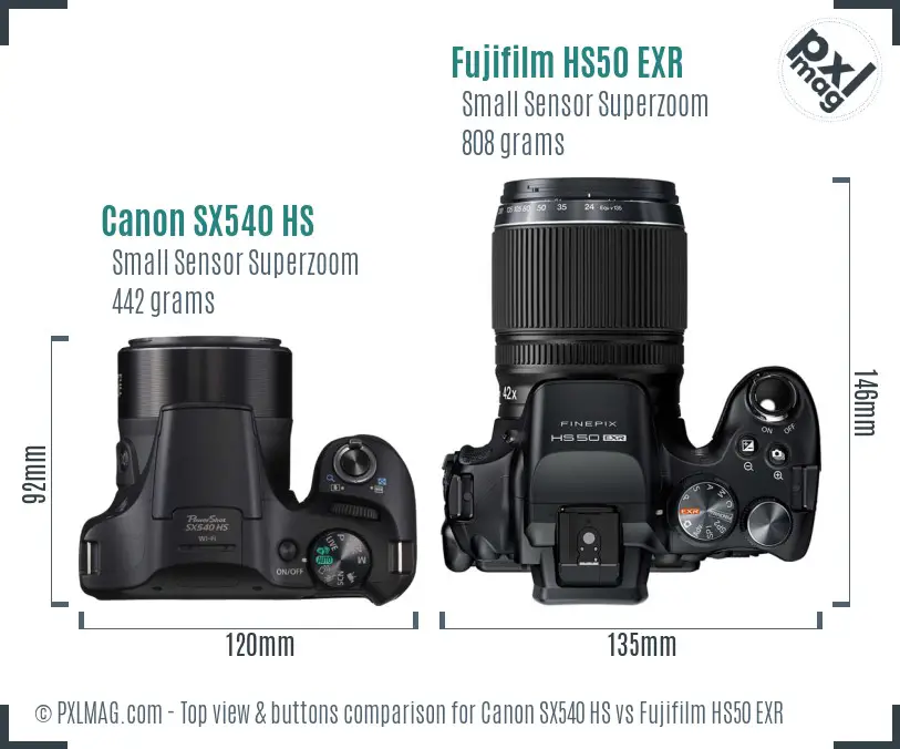Canon SX540 HS vs Fujifilm HS50 EXR top view buttons comparison