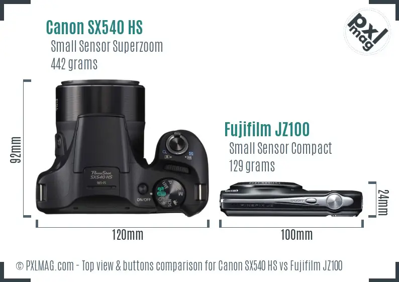 Canon SX540 HS vs Fujifilm JZ100 top view buttons comparison