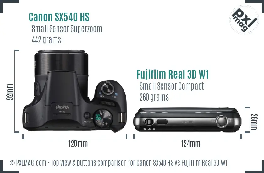 Canon SX540 HS vs Fujifilm Real 3D W1 top view buttons comparison