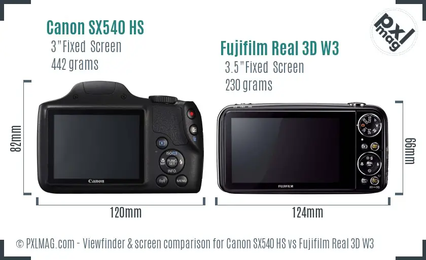 Canon SX540 HS vs Fujifilm Real 3D W3 Screen and Viewfinder comparison