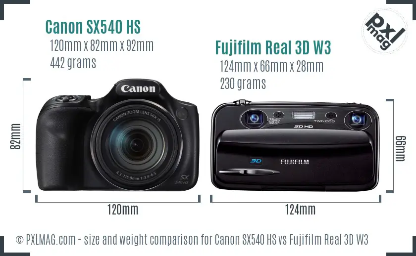 Canon SX540 HS vs Fujifilm Real 3D W3 size comparison