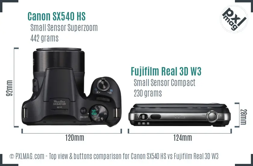 Canon SX540 HS vs Fujifilm Real 3D W3 top view buttons comparison