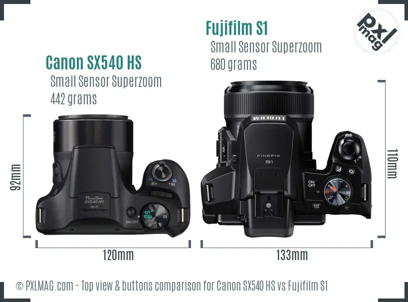 Canon SX540 HS vs Fujifilm S1 top view buttons comparison