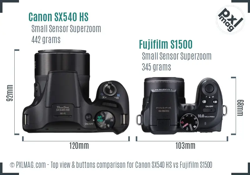 Canon SX540 HS vs Fujifilm S1500 top view buttons comparison