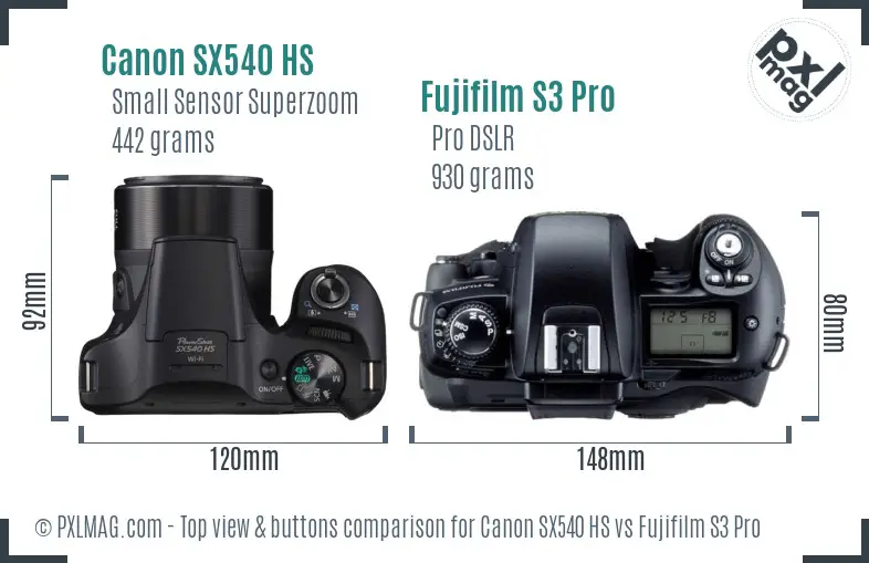 Canon SX540 HS vs Fujifilm S3 Pro top view buttons comparison