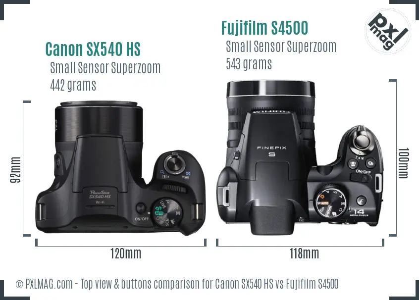 Canon SX540 HS vs Fujifilm S4500 top view buttons comparison