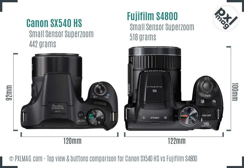 Canon SX540 HS vs Fujifilm S4800 top view buttons comparison