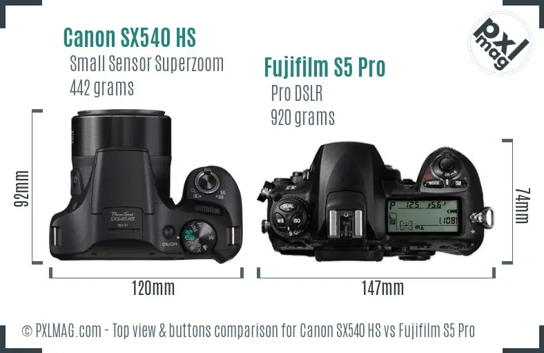 Canon SX540 HS vs Fujifilm S5 Pro top view buttons comparison