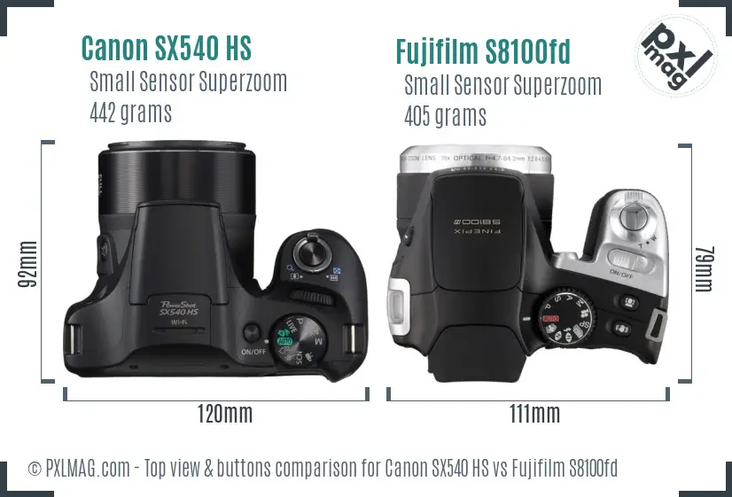 Canon SX540 HS vs Fujifilm S8100fd top view buttons comparison