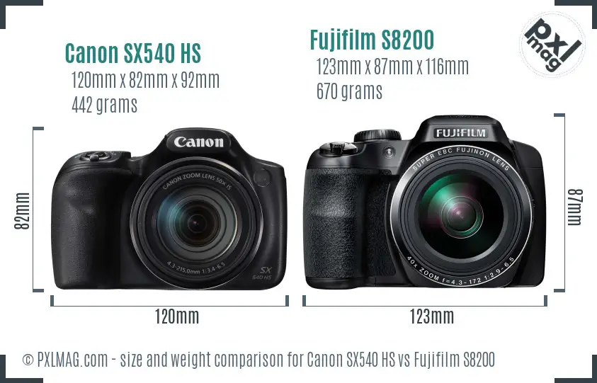 Canon SX540 HS vs Fujifilm S8200 size comparison