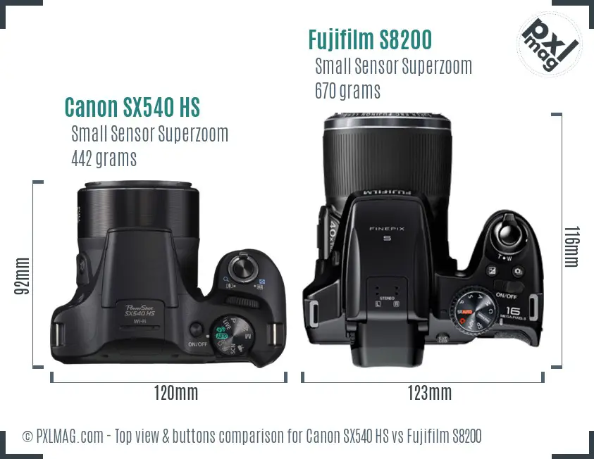 Canon SX540 HS vs Fujifilm S8200 top view buttons comparison