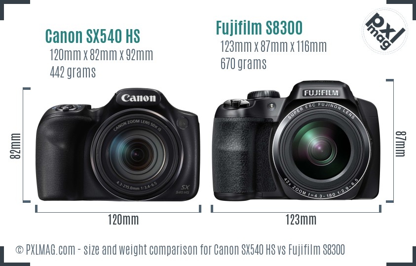 Canon SX540 HS vs Fujifilm S8300 size comparison